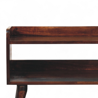 Close-up of finish detail on Nordic Walnut Solid Wood Storage Bench, showing the seat, legs and furniture silhouette