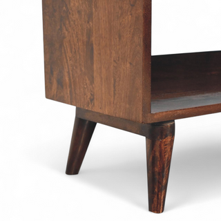 Seat detail view of Nordic Walnut Solid Wood Storage Bench, showing the seat, legs and furniture silhouette