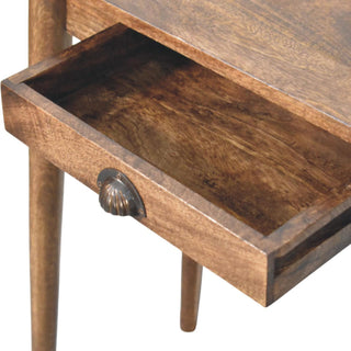 Nordic writing desk in classic grey with drawer open showing solid wood interior