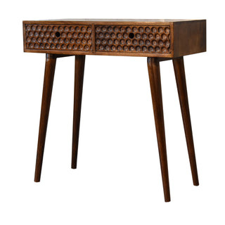 Side angle view of Nori Console Table with Drawers Chestnut Carved Wood