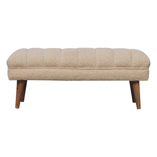 Front view of Nuvo Living Room Bench Cream Bouclé Channel-Puffed Curved Top Dark Tapered Legs
