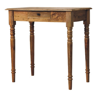 Oak-ish writing desk side view right showing turned legs and drawer detail