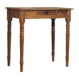 Oak-ish writing desk side view left showing solid wood construction