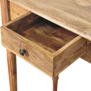 Oak-ish writing desk with drawer open showing solid wood interior