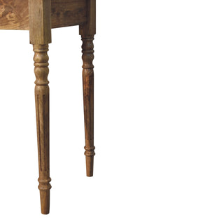 Oak-ish turned leg writing desk three-quarter angled view