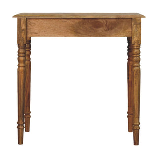 Oak-ish turned leg writing desk side profile view