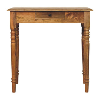 Oak-ish turned leg writing desk front view showing solid wood surface and turned legs