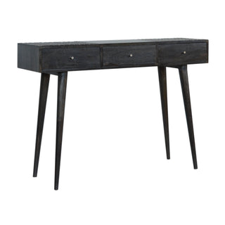 Side angle view of Obsidian Black Console Table with Drawers Ash Black Geometric Top Mango