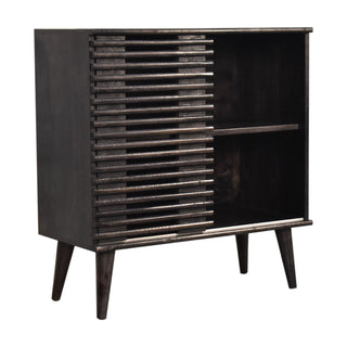 Obsidian Display Cabinet Ash Black Horizontal Slatted Sliding Door Open Shelf – rear view showing ash black solid wood construction