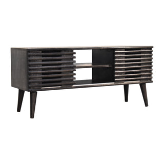 Side angle view of Obsidian Media Unit Ash Black Mango Wood Horizontal Ridged Cabinet Doors with Nordic Tapered Legs