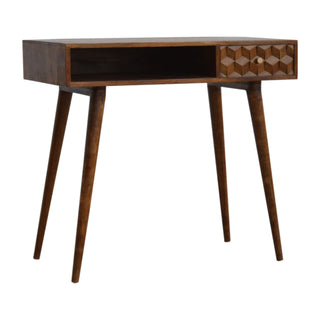 Side angle view of Obsidian Writing Desk Mango Wood Diamond Cube-Carved Drawer Dark Chestnut