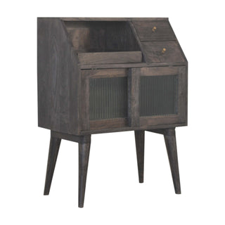 Side angle view of Onyx Bedside Cabinet Dark Walnut Ribbed Glass Sliding Door Mini Drawers