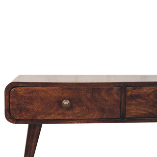 Side angle view of Onyx Coffee Table with Drawers Solid Mango Wood Rounded Edges California Walnut