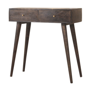 Side angle view of Onyx Console Table with Drawers Dark Chestnut Brass Inlay Mango Wood