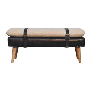 Front view of Onyx Hallway Bench Cream bouclé Black Buffalo Leather Base Brass Studs Belt Strap Oak Legs