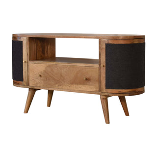Side angle view of Onyx Media Unit Oak Mango Wood Black Woven Door Fronts Oval Body with Nordic Tapered Legs