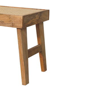Seat detail view of Open Rattan Bench, showing the seat, legs and furniture silhouette