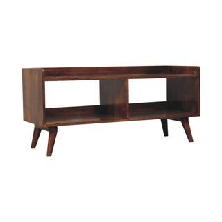 Side angle view of Open-top Chestnut Media Unit, showing the storage shape and furniture finish