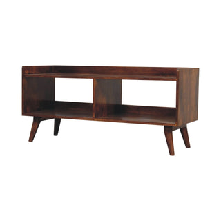 Side view of Open-top Chestnut Media Unit, showing the storage shape and furniture finish