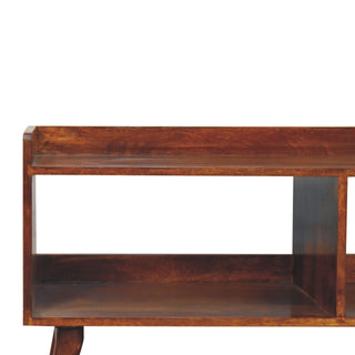 Close-up of finish detail on Open-top Chestnut Media Unit, showing the storage shape and furniture finish