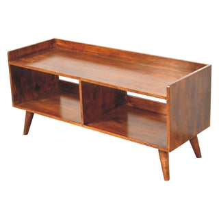 Finish detail view of Open-top Chestnut Media Unit, showing the storage shape and furniture finish