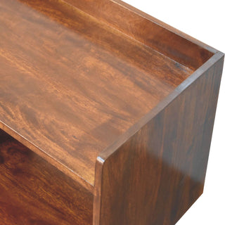 Storage view of Open-top Chestnut Media Unit, showing the storage shape and furniture finish