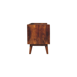 Back view of Open-top Chestnut Media Unit, showing the storage shape and furniture finish