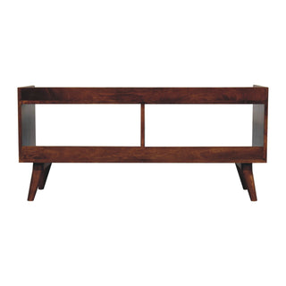 Rear angle view of Open-top Chestnut Media Unit, showing the storage shape and furniture finish
