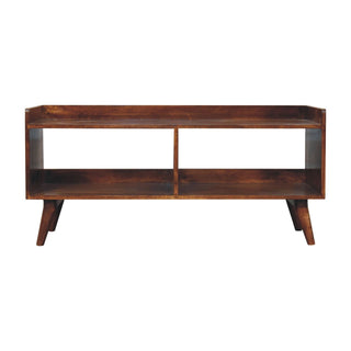 Front view of Open-top Chestnut Media Unit, showing the storage shape and furniture finish