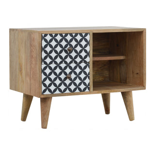 Side angle view of Orbit Bedside Cabinet Screen-Printed Diamond Circle Door Open Cubbies Natural Oak