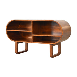 Side angle view of Orbit Media Unit Chestnut Mango Wood Deep Pill-Shaped Open Shelves with U-Shape Sled Base