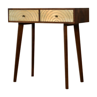 Side angle view of Oria Console Table with Drawers Perforated Brass Sheet Chestnut Wood