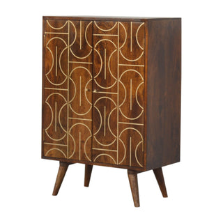 Side angle view of Orison Display Cabinet Tall Slim Abstract Brass Line Inlay Chestnut Twin-Door
