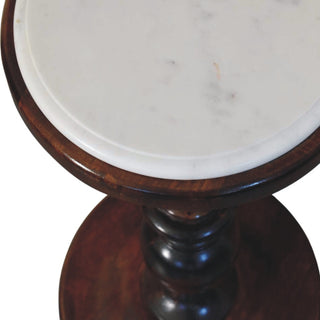 Side angle view of Orla Marble Top Side Table Turned Pedestal Base Chestnut Mango Wood