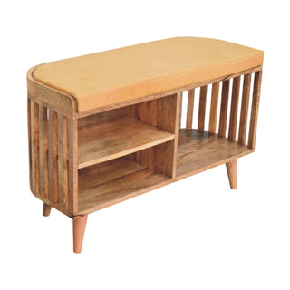 Angled view of Orva Hallway Storage Bench Mustard Seat Pad Vertical Slatted Three-Cubby Oak Finish