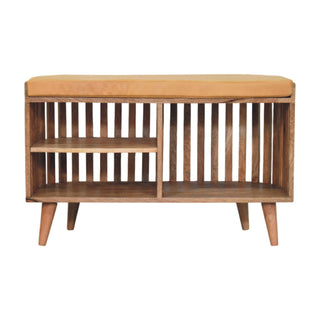 Front view of Orva Hallway Storage Bench Mustard Seat Pad Vertical Slatted Three-Cubby Oak Finish