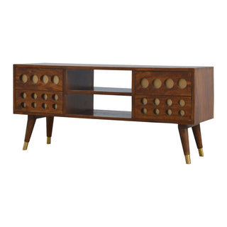 Side angle view of Oryn Media Unit Chestnut Finish Brass Inlay Circle Drawers