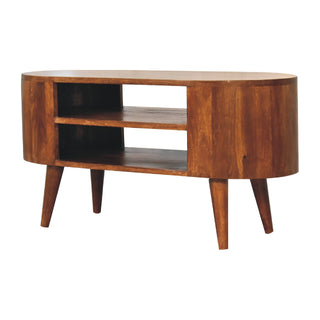 Side angle view of Ovala Media Unit Chestnut Finish Oval Body Dual Open Shelves