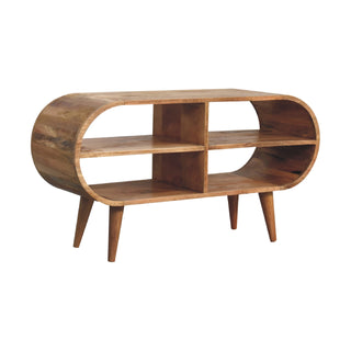 Side angle view of Ovalo Media Unit Natural Oak Mango Wood Full-Oval Wraparound Body Four Open Shelves with Tapered Legs