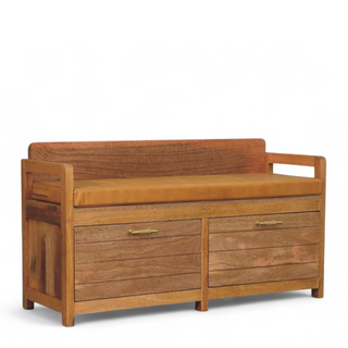Angled view of Oxford Oak Finish Solid Wood 2-Drawer Storage Bench with oak finish solid wood drawer