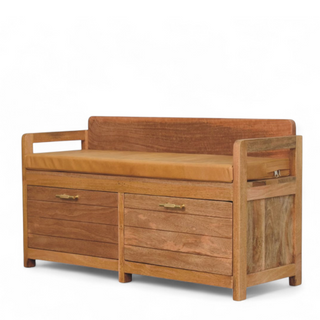 Side view of Oxford Oak Finish Solid Wood 2-Drawer Storage Bench with oak finish solid wood drawer