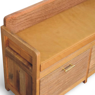 Back view of Oxford Oak Finish Solid Wood 2-Drawer Storage Bench with oak finish solid wood drawer