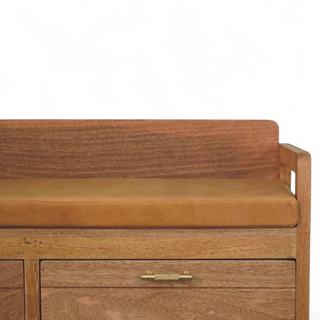 Close-up of drawer front on Oxford Oak Finish Solid Wood 2-Drawer Storage Bench