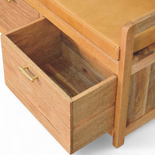 Leg detail view of Oxford Oak Finish Solid Wood 2-Drawer Storage Bench