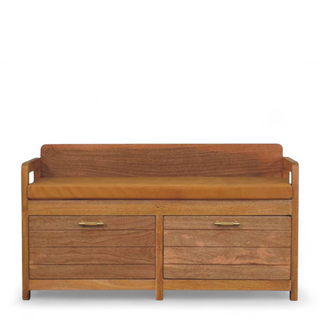 Front view of Oxford Oak Finish Solid Wood 2-Drawer Storage Bench with oak finish solid wood drawer