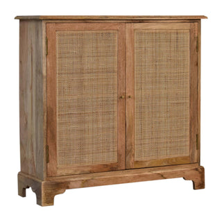 Side angle view of Palma Sideboard Cabinet Rattan Cane Twin Doors Natural Oak Bracket Skirted Base
