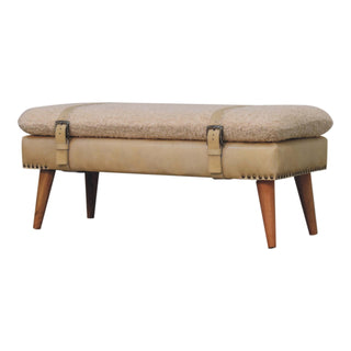 Angled view of Pampas Hallway Bench Cream bouclé Beige Buffalo Leather Base Brass Studs Belt Strap Oak Legs