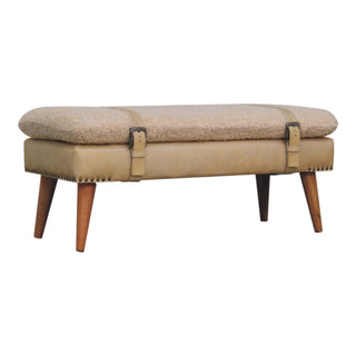 Side view of Pampas Hallway Bench Cream bouclé Beige Buffalo Leather Base Brass Studs Belt Strap Oak Legs