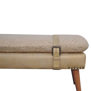 Back view of Pampas Hallway Bench Cream bouclé Beige Buffalo Leather Base Brass Studs Belt Strap Oak Legs