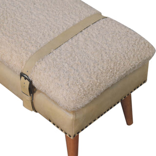 Close-up of fabric texture on Pampas Hallway Bench Cream bouclé Beige Buffalo Leather Base Brass Studs Belt Strap Oak Legs